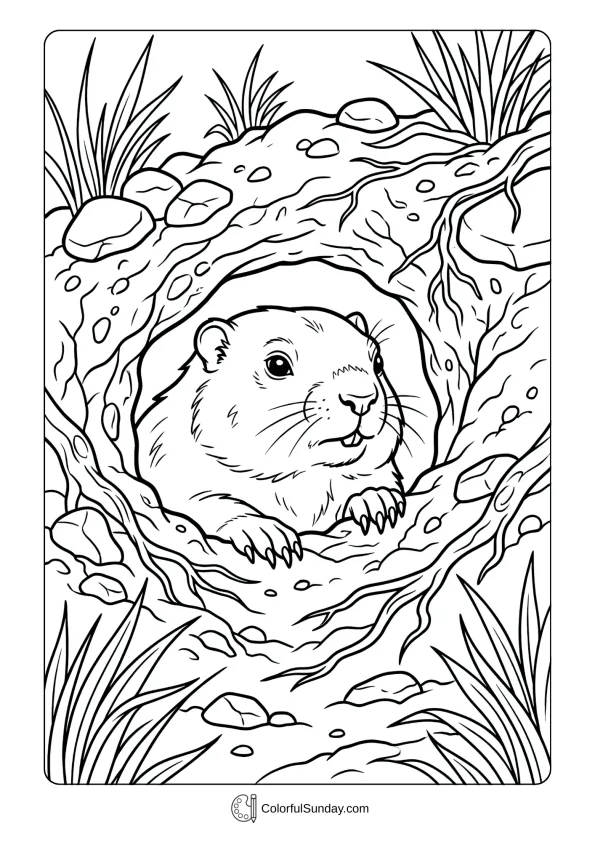 Detailed moment of groundhog carefully peeking from burrow entrance in this Groundhog Day coloring picture