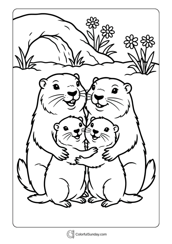Adorable groundhog family poses together in a heartwarming Groundhog Day coloring picture
