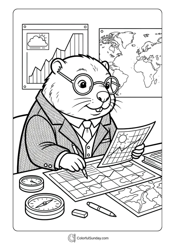 Professional groundhog wearing glasses studies weather charts in this funny Groundhog Day coloring page
