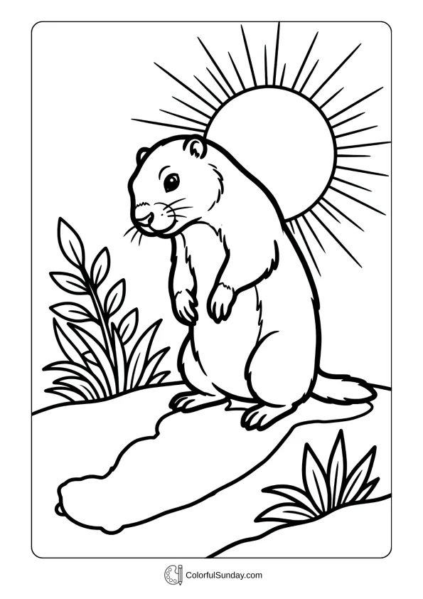 Curious groundhog spots its shadow on the ground in this Groundhog Day coloring picture with sun rays behind
