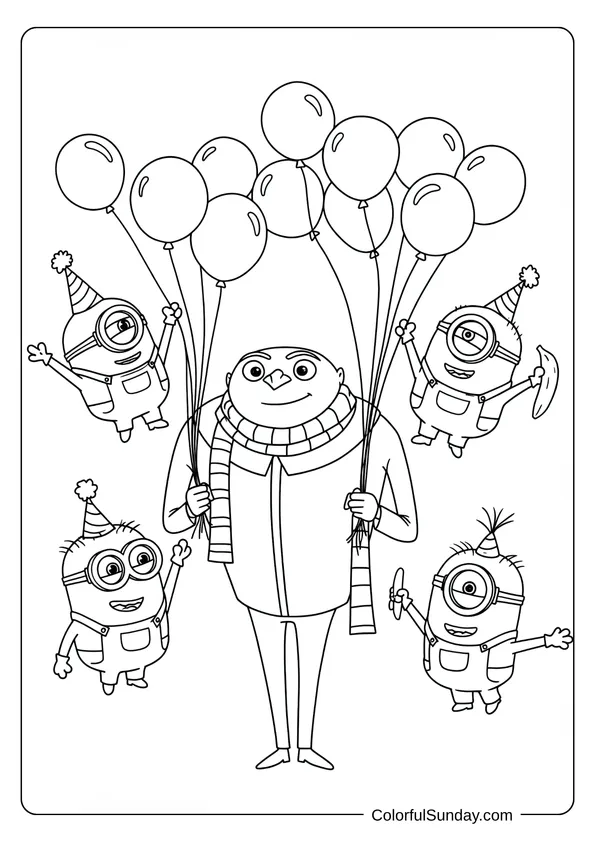 Gru holding balloons as four excited Minions in party hats jump around him in a happy coloring page.