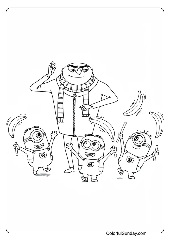 Gru dancing proudly as three Minions cheer and wave bananas around him in a lively coloring page.