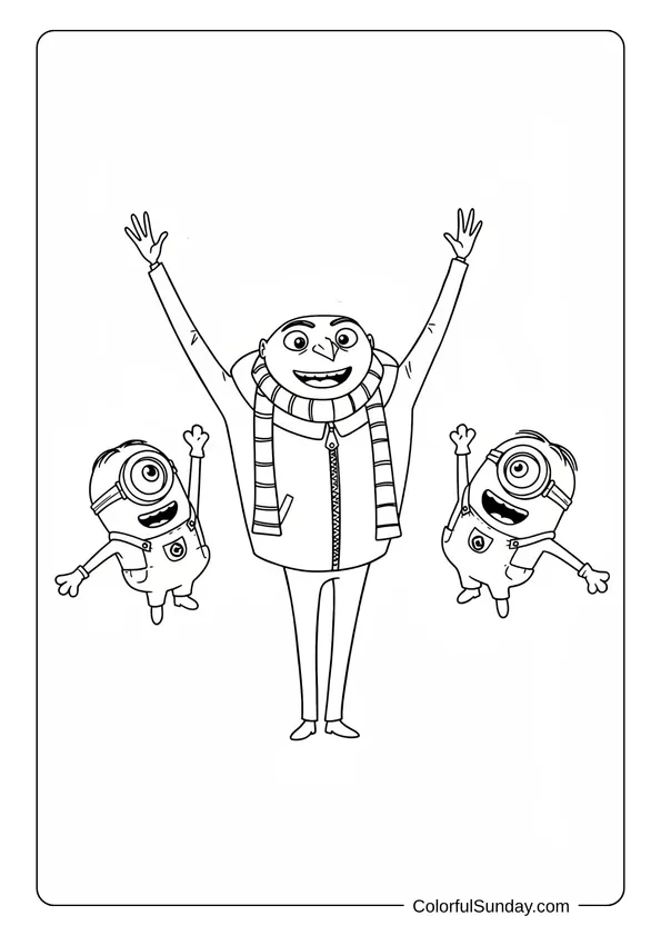 Gru raising his arms high while two Minions jump beside him in a joyful celebration coloring page.