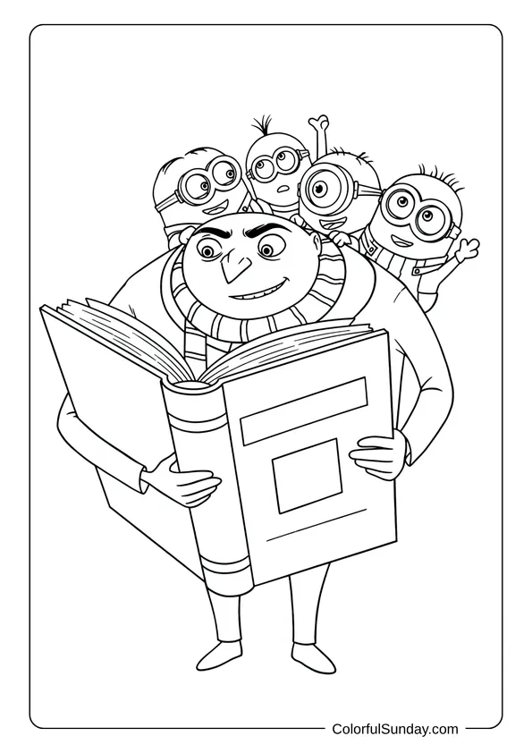 Gru reading a giant book while four excited Minions look over his shoulder in a detailed coloring page.