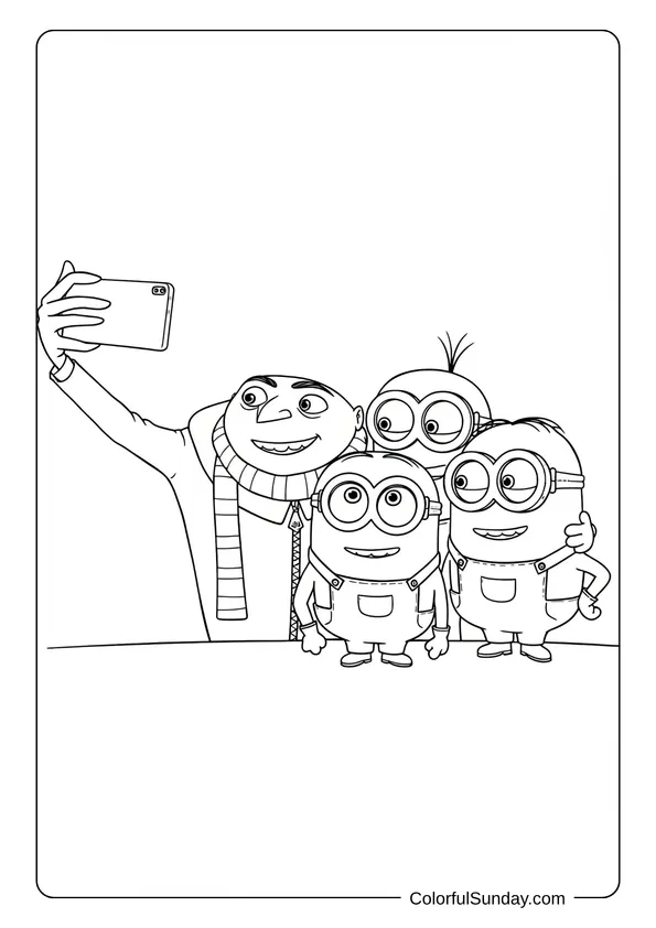 Gru taking a selfie with three smiling Minions in a joyful friendship coloring page.