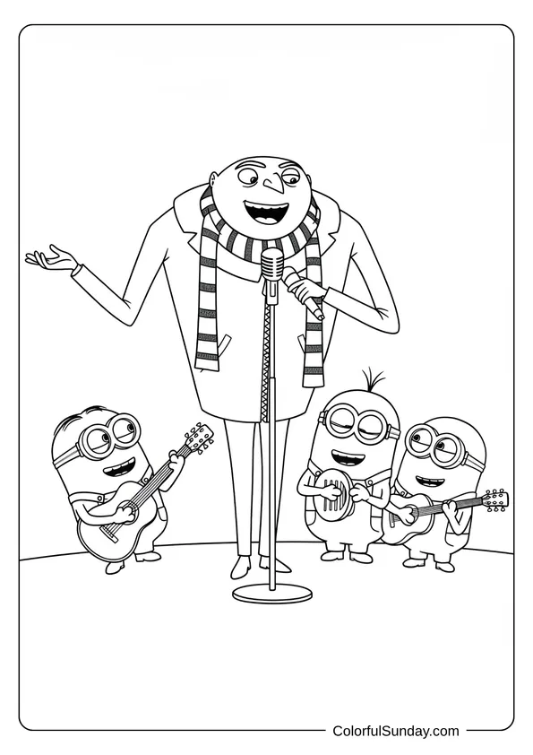 Gru singing with a microphone as three Minions play musical instruments in an entertaining coloring page.