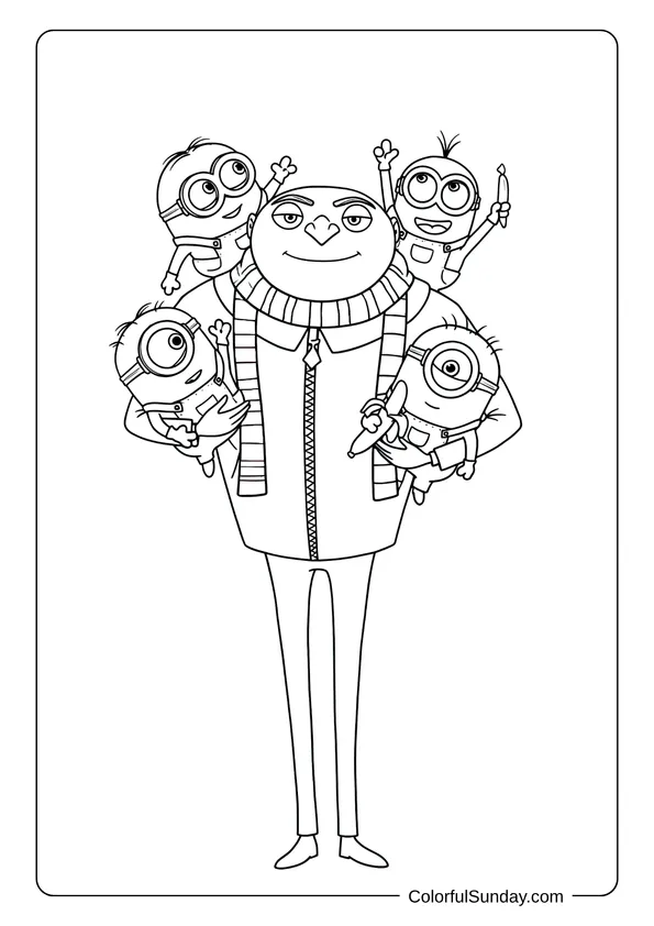 Gru smiling proudly as four happy Minions climb onto his shoulders in a heartwarming coloring page.