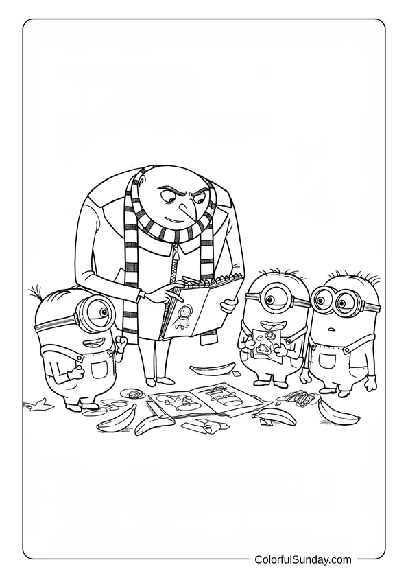Gru showing his sketches while three Minions smile proudly beside him in a creative coloring page.