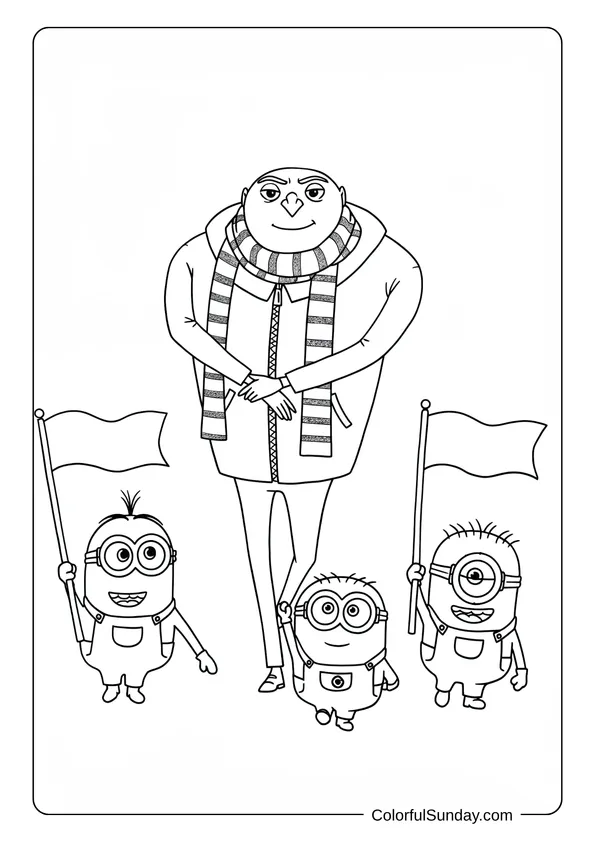 Gru leading three cheering Minions waving flags in a fun parade-themed coloring page.