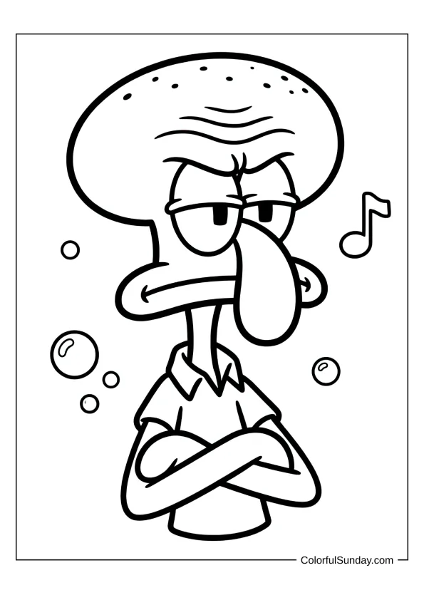 Squidward complaining with a grumpy face in a SpongeBob coloring page