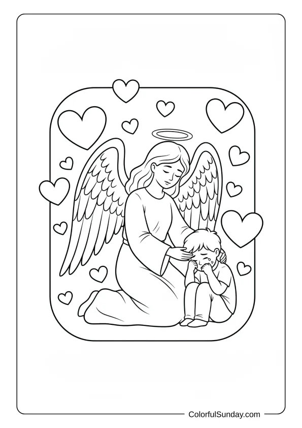 A guardian angel coloring picture comforting a crying child with protective wings and loving embrace.