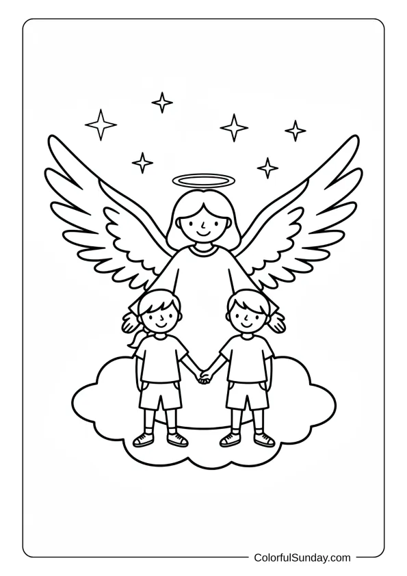 A coloring page of a guardian angel protecting two children with wings spread over them protectively.