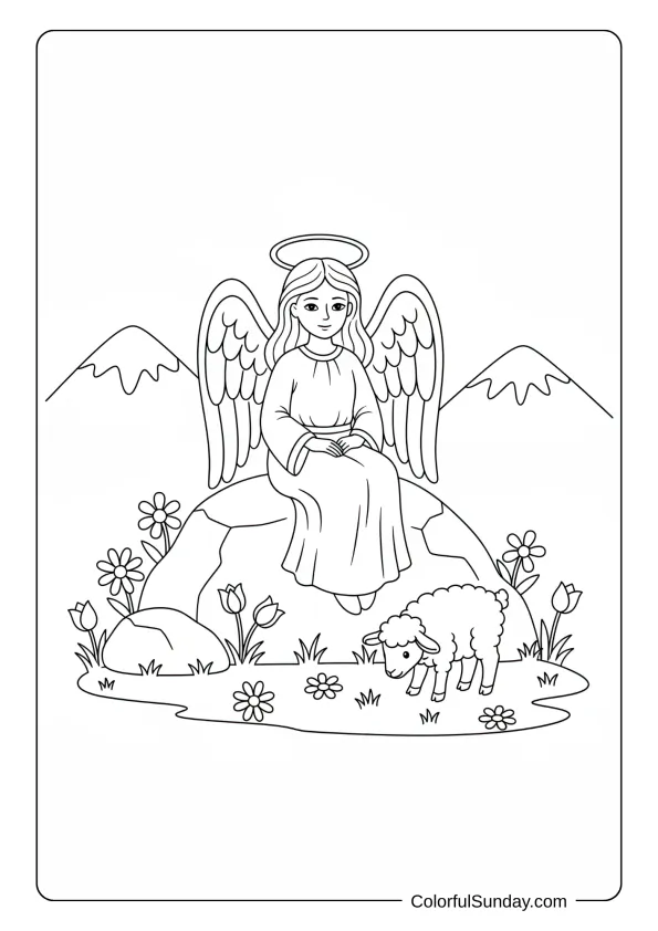 A guardian angel coloring picture watching over a lamb in a peaceful mountain valley scene.