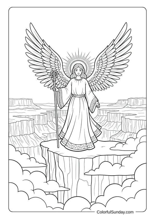 A guardian angel coloring page with staff overlooking a canyon with majestic wings spread wide.