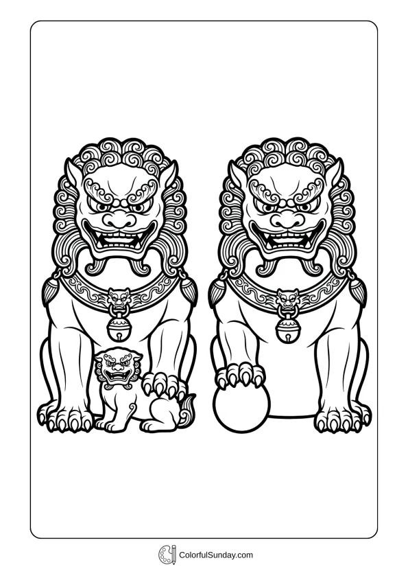 Protective fu dog guardian lions for Chinese New Year coloring picture
