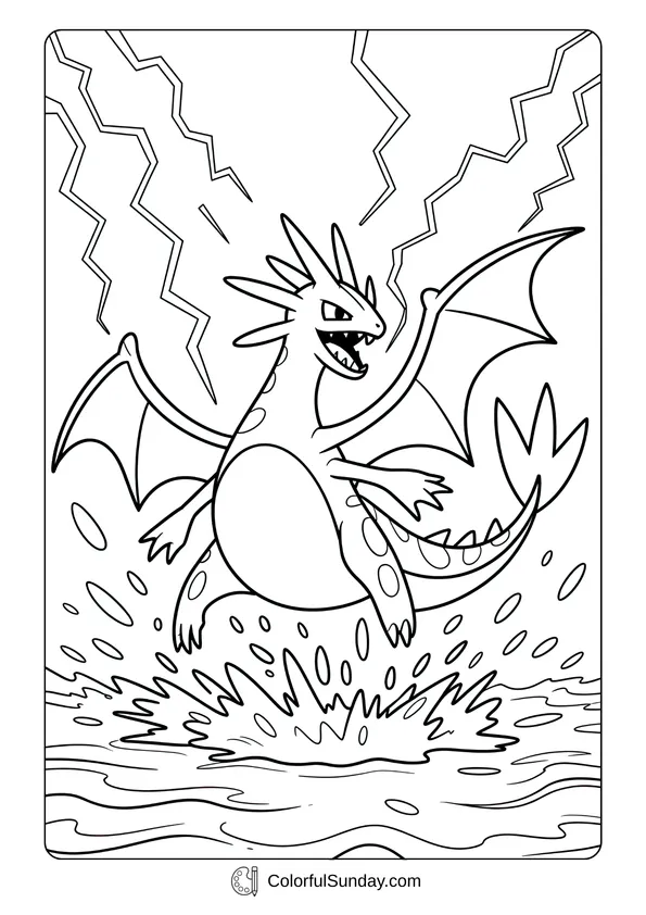 Pikachu From Pokemon Coloring Page Gyarados, the serpentine Pokémon, bursts from the water as lightning cracks overhead in an action coloring page.