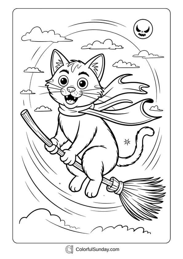 Pokemon Badges And Logo Coloring Page A coloring page of a Halloween cute cat flying happily on a broomstick with a cape.