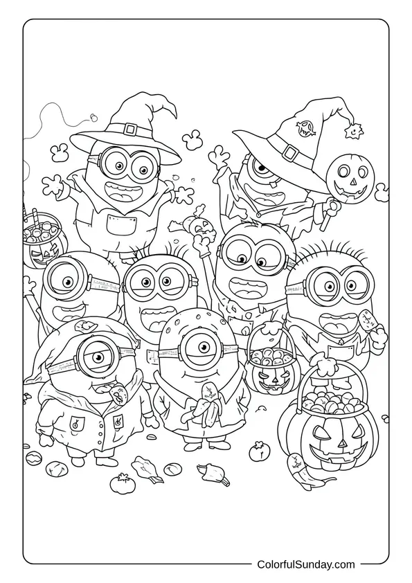 Minions dressed as witches and monsters collecting candy in a Halloween night coloring page.