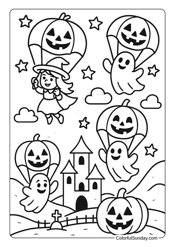 A witch and happy ghosts with jack-o’-lantern parachutes float near a haunted house in this Halloween coloring page.