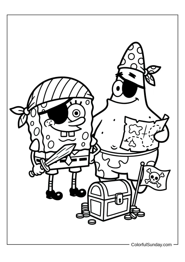 Pirate Patrick Star and SpongeBob in Halloween costumes coloring page