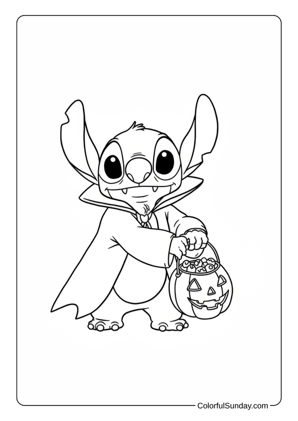 Stitch coloring page of Stitch dressed as a vampire holding a pumpkin bucket full of candy.