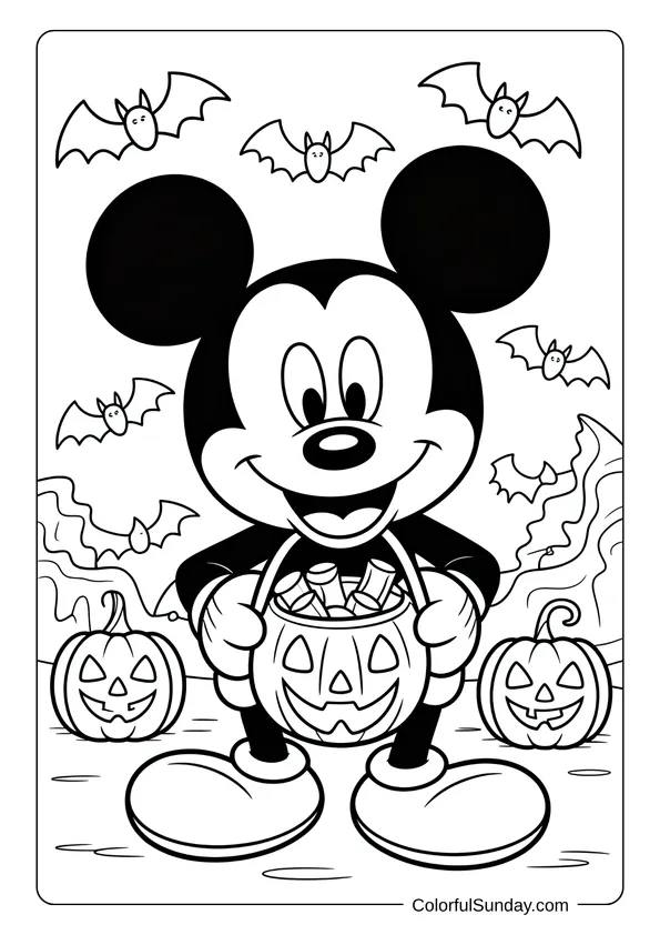 Pokemon Badges And Logo Coloring Page Halloween coloring page of Mickey Mouse holding a pumpkin bucket full of candy with bats and jack-o’-lanterns around.