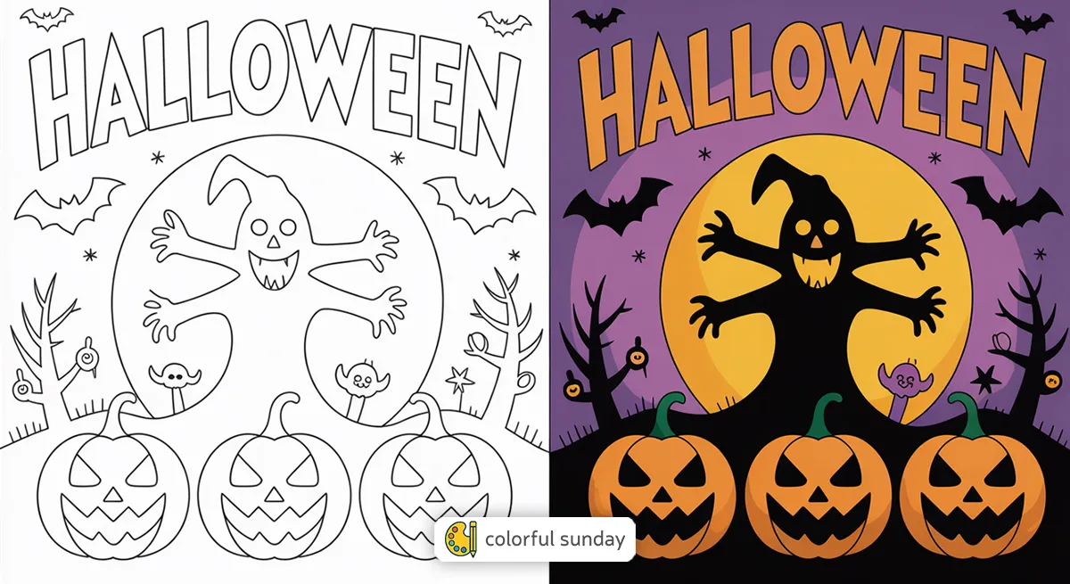 Halloween coloring pages featured image, left side uncolored, right side fully colored