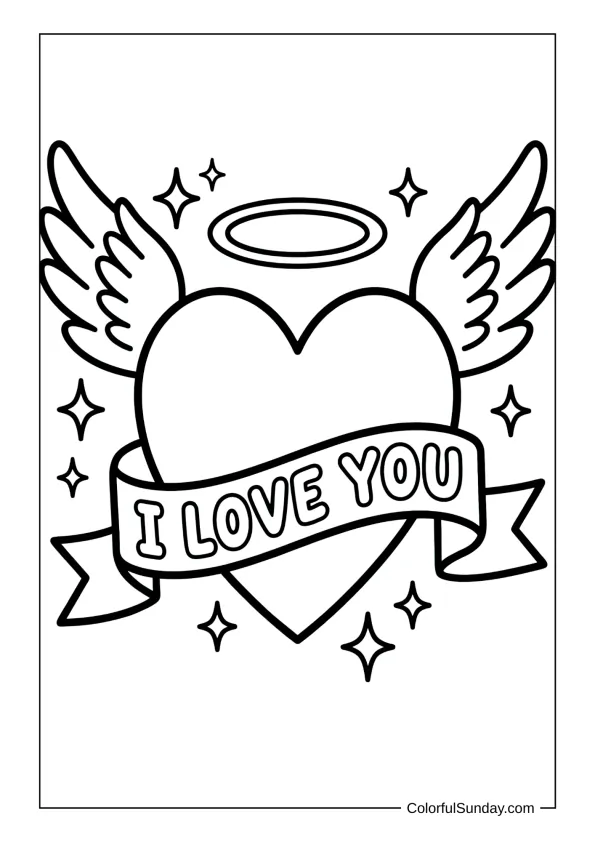 Halo winged heart with words in a coloring page