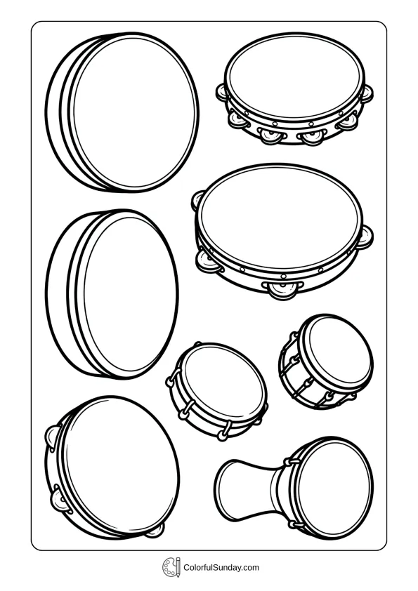 Collection of hand percussion drums coloring page including frame drum, tambourine, and small hand drums
