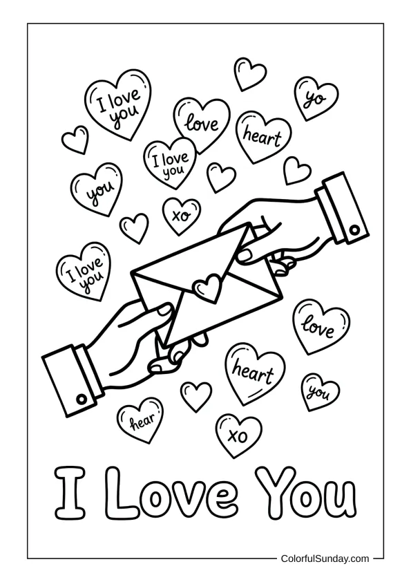 Hands exchanging a sealed love note surrounded by hearts in an I love you coloring page.