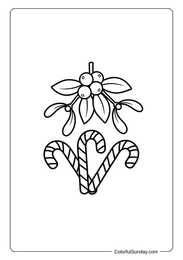A coloring page of hanging mistletoe with three candy canes.
