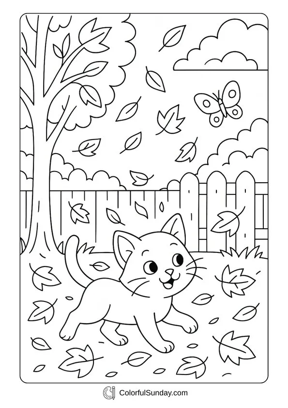Happy Cat September Coloring Page Playful cat in the yard chasing falling autumn leaves in a September coloring page.
