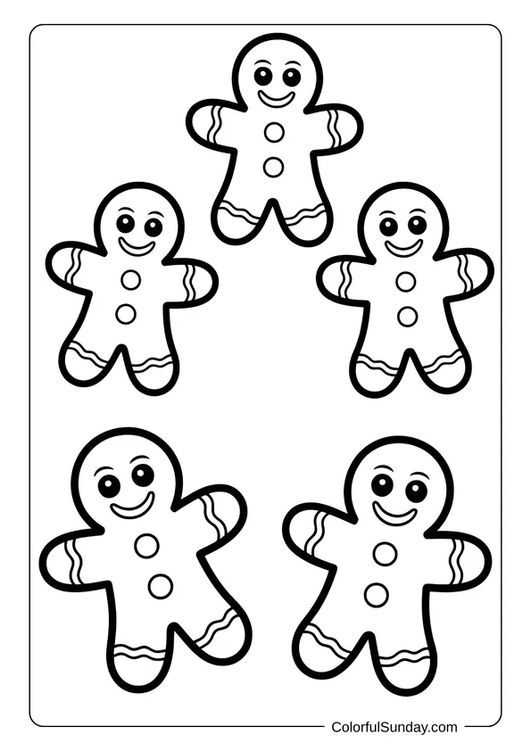 Five smiling gingerbread cookies stand together in a simple and happy coloring page.