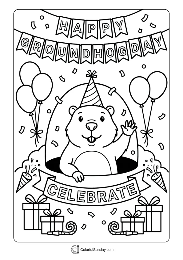 Adorable groundhog emerging from burrow with festive decorations in a Groundhog Day coloring page celebrating the tradition