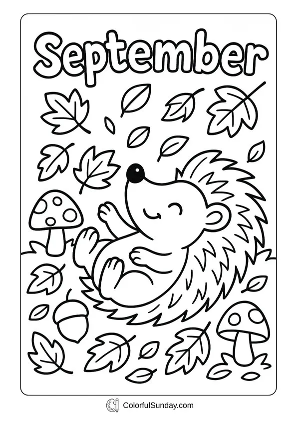 Happy Hedgehog September Coloring Page Happy hedgehog lying on the ground with mushrooms and falling leaves in a September coloring page.