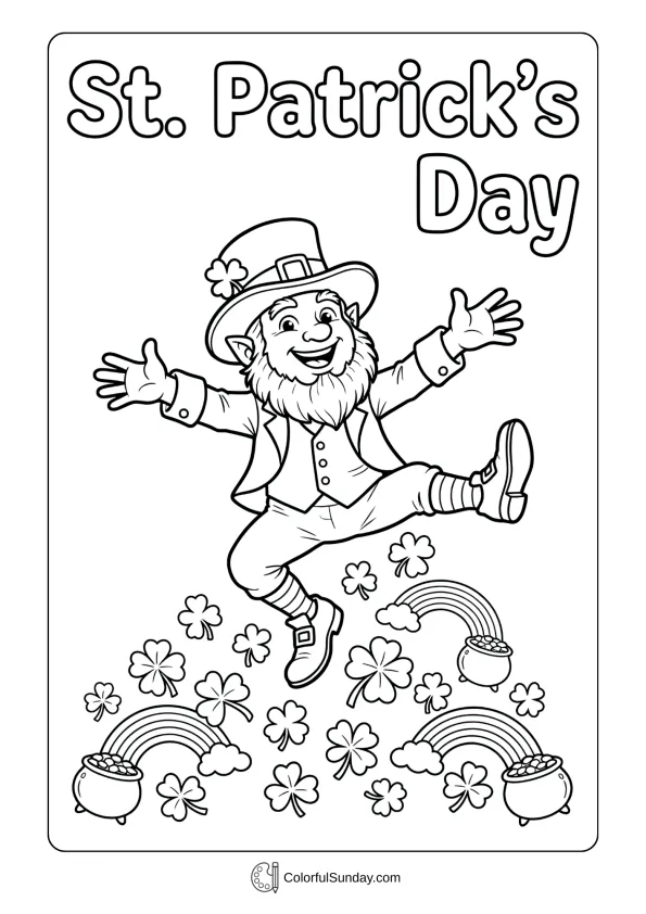 This St. Patrick’s Day scene shows a leprechaun jumping with excitement in a fun coloring page.
