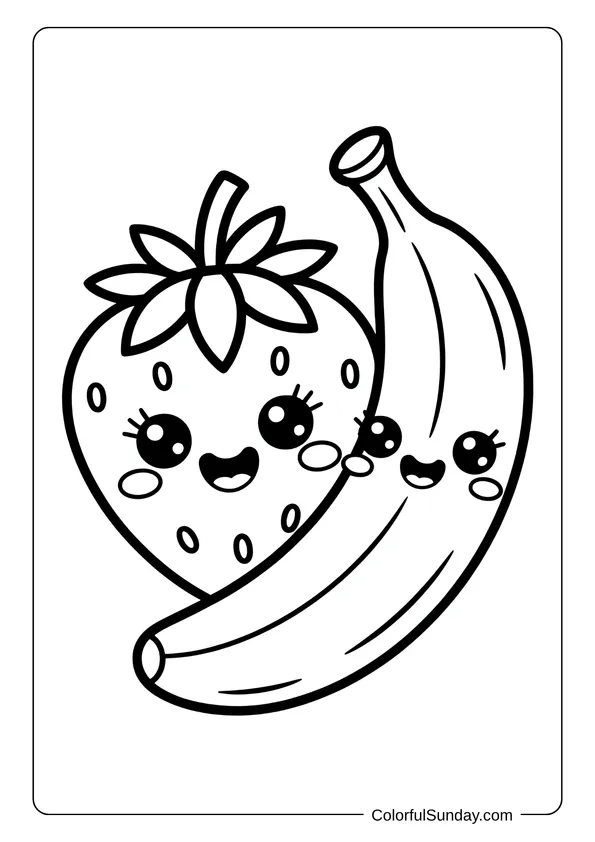 Smiling banana and strawberry posing together in a cute fruit-themed kawaii coloring page.