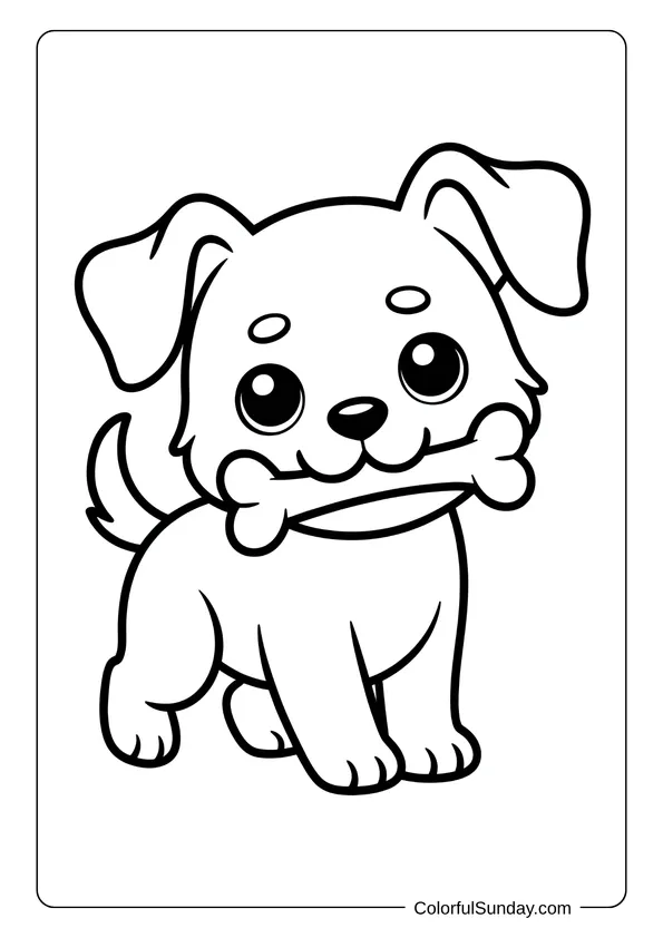 Playful puppy holding a bone in its mouth, designed as a kawaii coloring page.