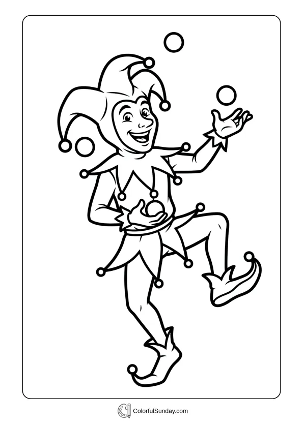 Cheerful jester character in traditional costume dancing in a Mardi Gras coloring page celebration.