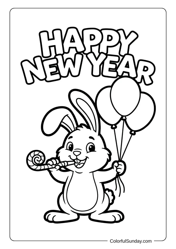 A happy new year coloring page with adorable bunny holding noisemaker and balloons joyfully.