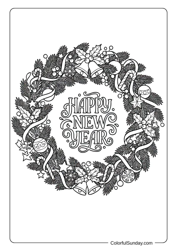 Circular wreath of festive elements and ribbons coloring page for happy new year celebrations.
