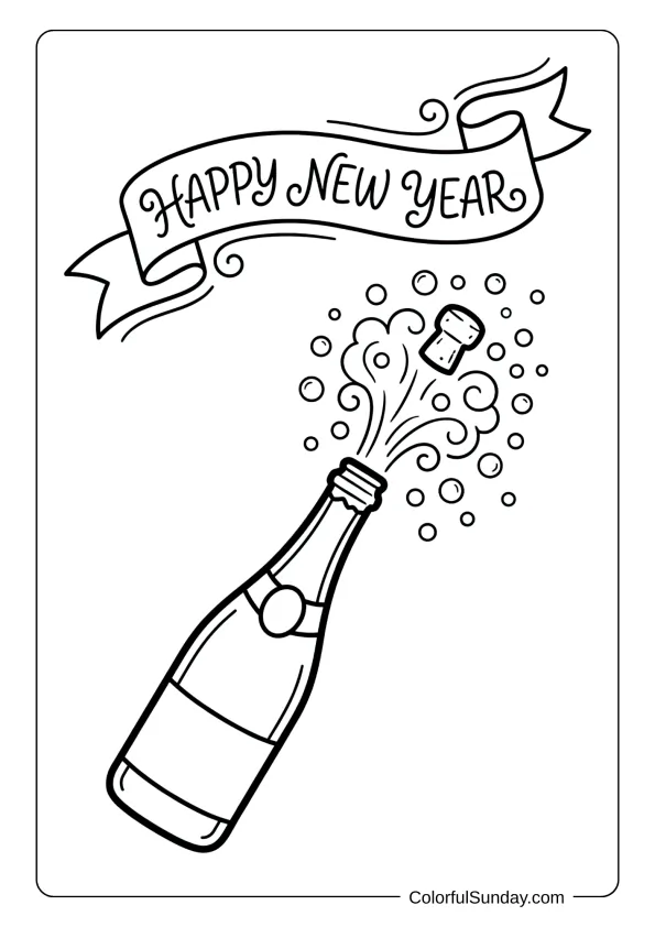 A happy new year coloring page with popping champagne bottle, spray, and bubbles all around.