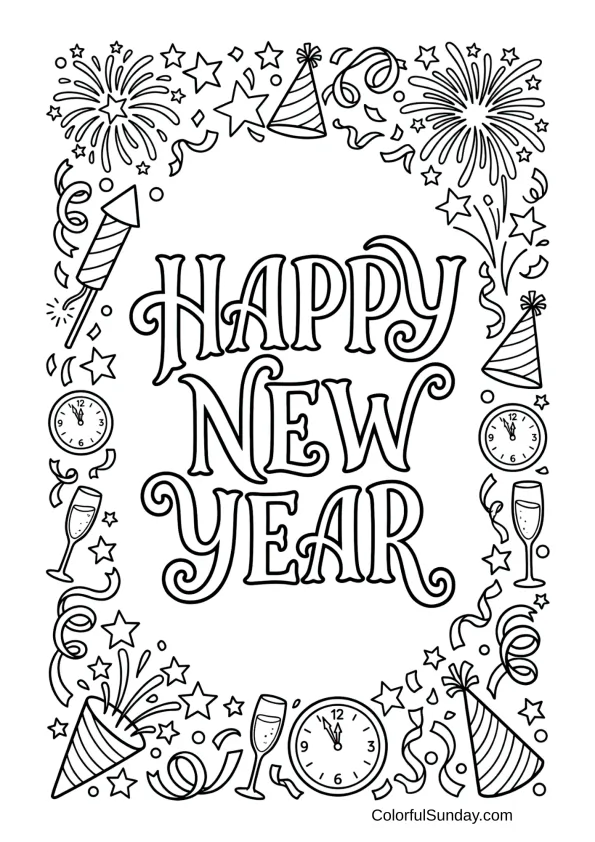 Ornamental border with celebration motifs coloring page featuring happy new year message inside.