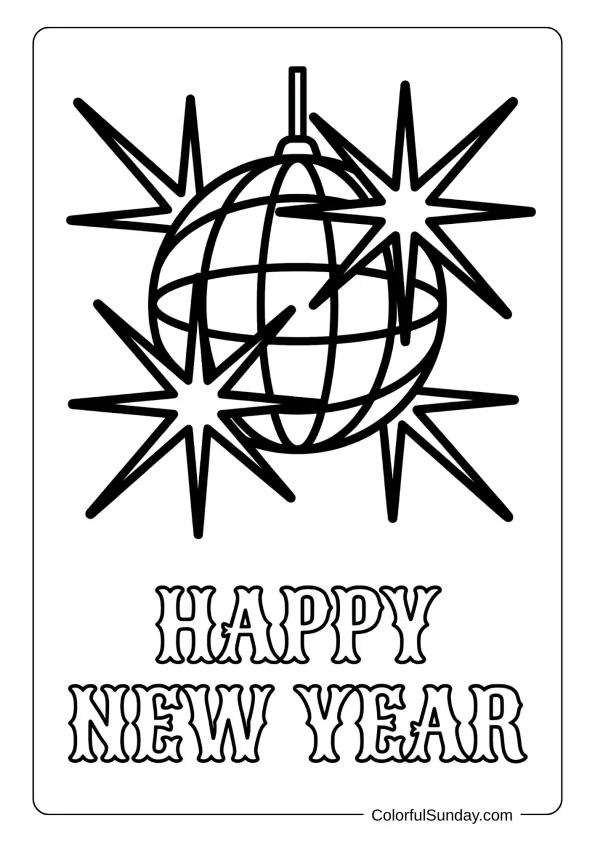 Sparkling disco ball with light rays coloring page for happy new year party celebrations.