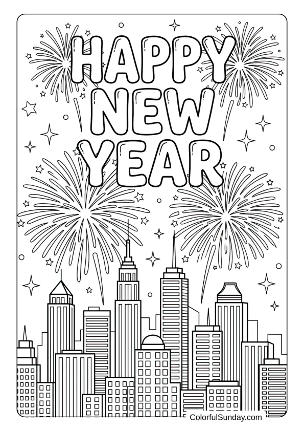 A happy new year coloring page featuring spectacular firework bursts and sparkles above a city skyline.