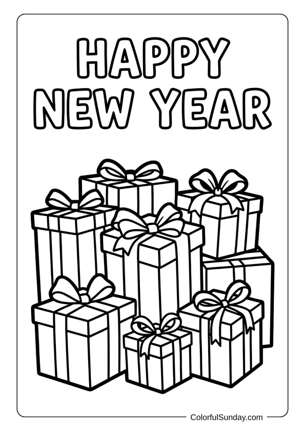 Wrapped presents with bows and ribbons coloring page featuring happy new year text on top.