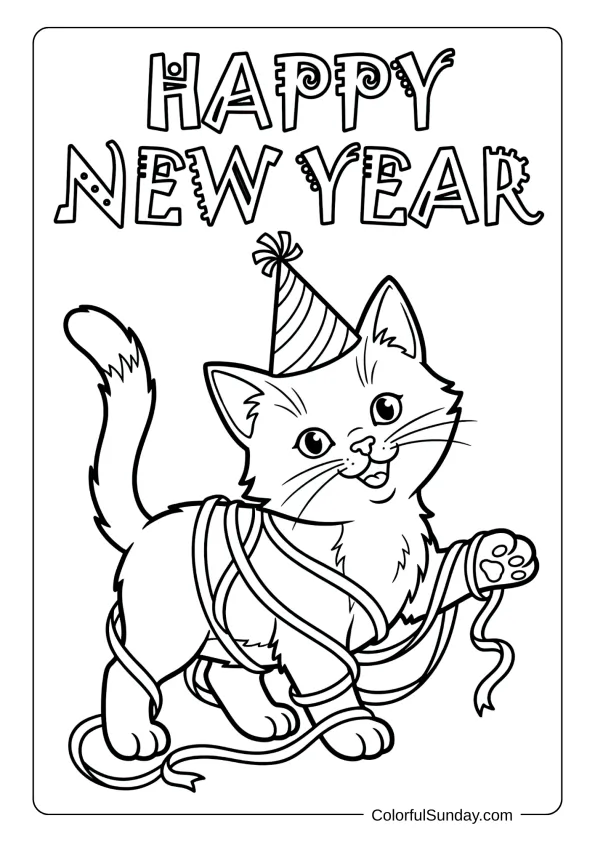 Playful kitten with party hat and streamers happy new year coloring page for children.