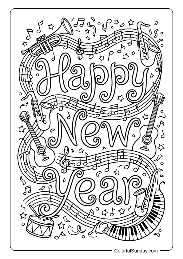 Musical notes and instruments celebrating happy new year coloring page with decorative flowing design.