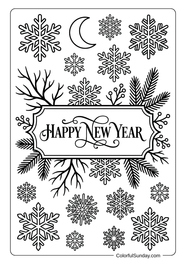 Delicate snowflakes and winter elements happy new year coloring page with elegant central message.