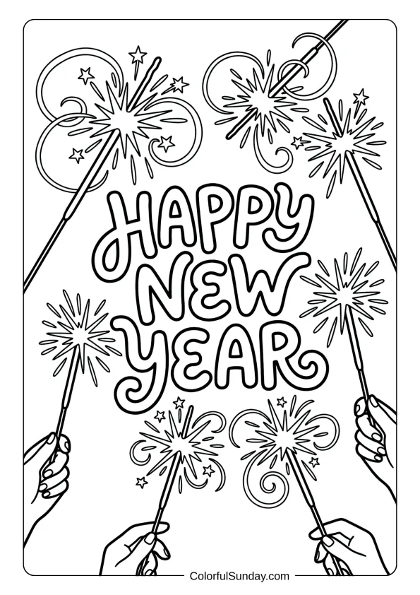 Hand-held sparklers creating light trails happy new year coloring page with joyful celebration theme.